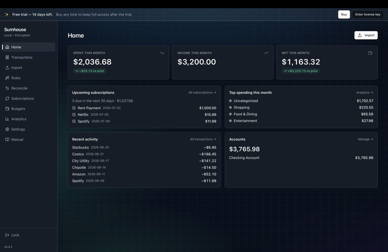 Sumhouse Home dashboard showing spending, income, net worth, upcoming subscriptions and account balances