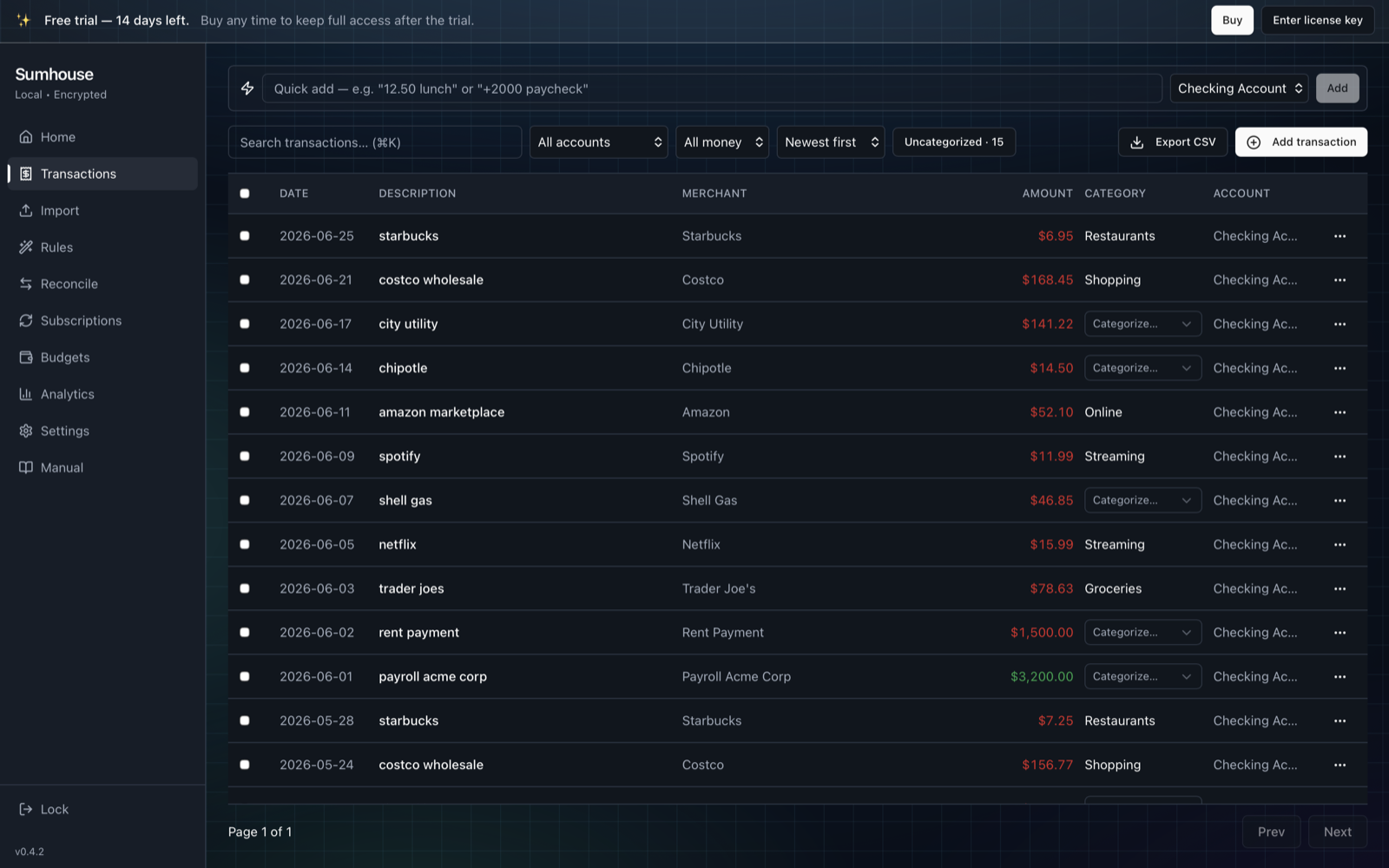 Sumhouse Transactions list, auto-categorized and searchable