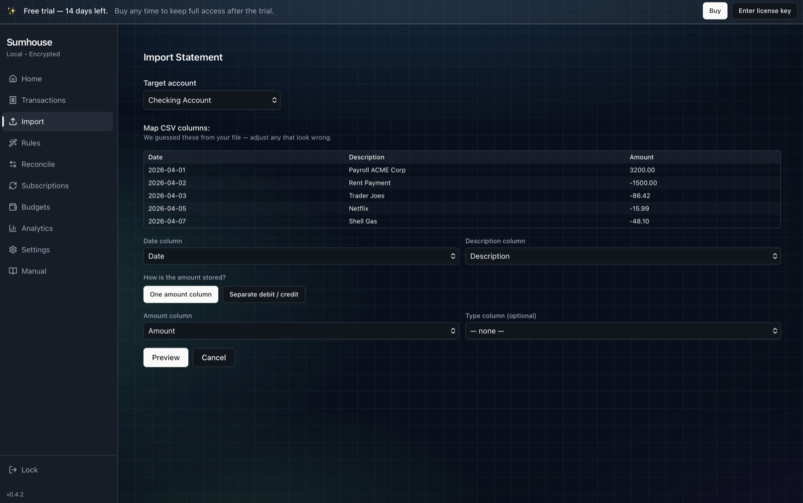 Sumhouse Import screen mapping CSV columns