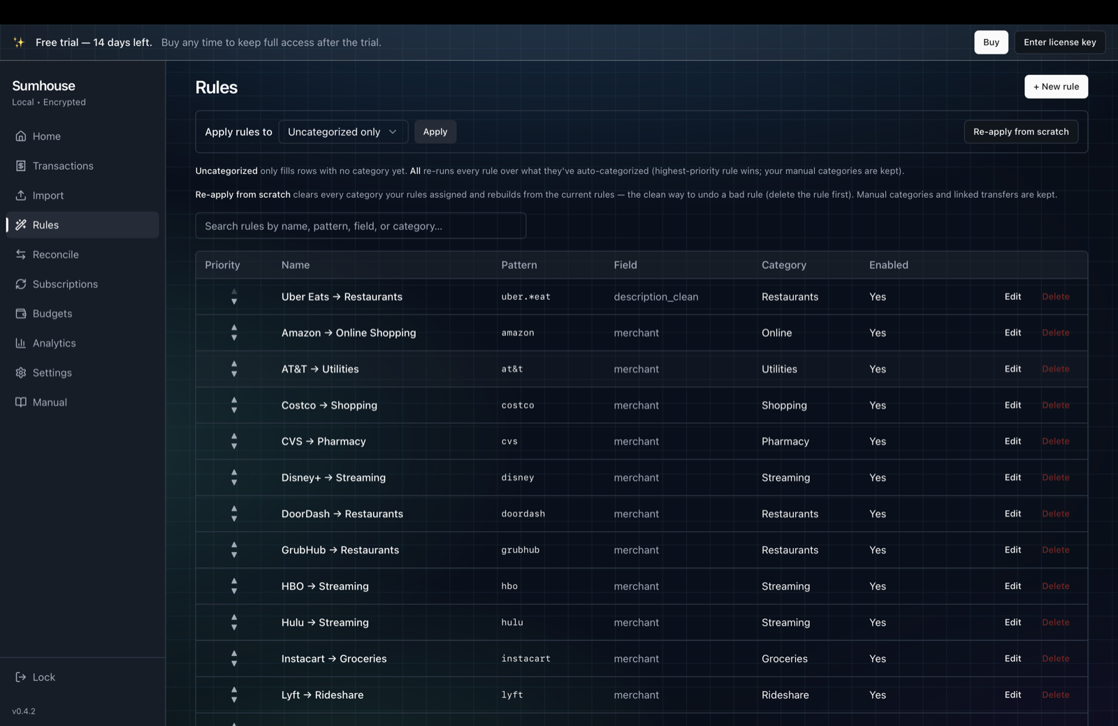 Sumhouse Rules screen for automatic categorization